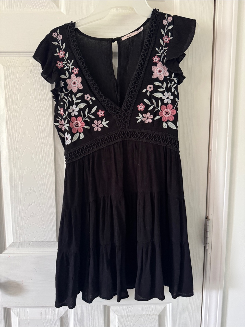 mia mi Black Dress with Pink & White Floral Embroidery